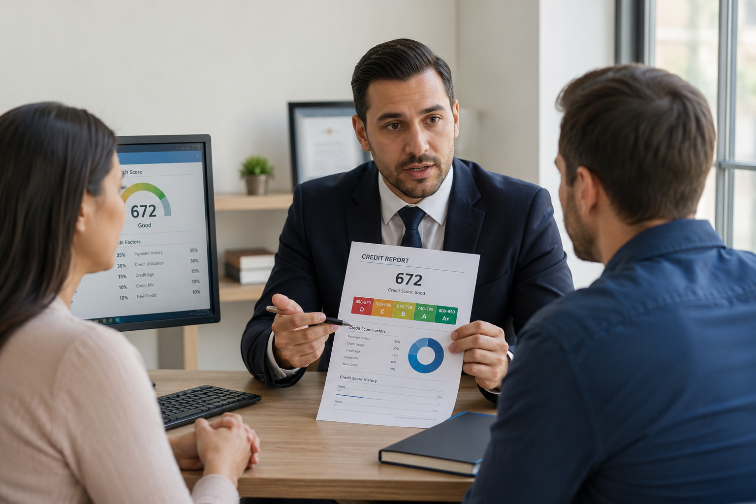 A credit consultant reviewing a credit report score with clients in a bright office